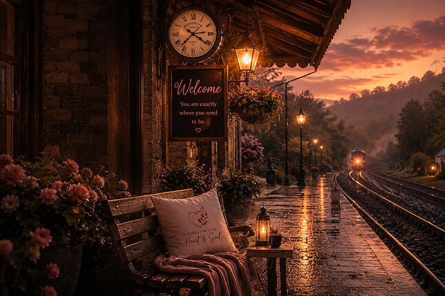 A warmly lit train station at sunset, with a bench, lanterns, and tracks leading into the distance.