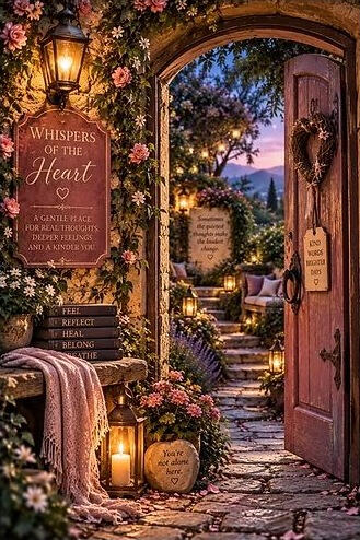 An open flower-framed doorway lit by lanterns, inviting readers into Whispers of the Heart.