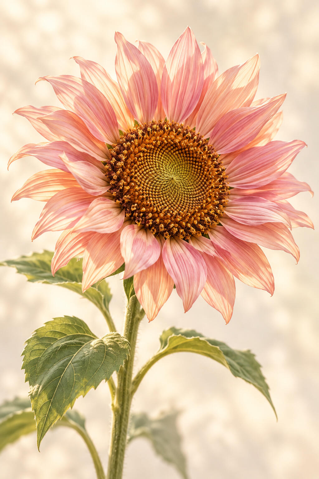 A blush sunflower in warm light, welcoming new beginnings.
