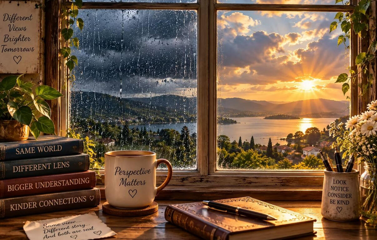 A window overlooking the same landscape through storm clouds and sunshine, beside books about perspective and kinder connections.