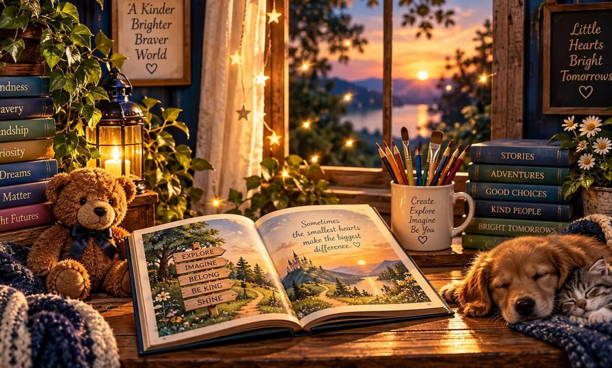A cozy reading nook with an open storybook, teddy bear, sleeping puppy and kitten, art supplies, and books about kindness and friendship.