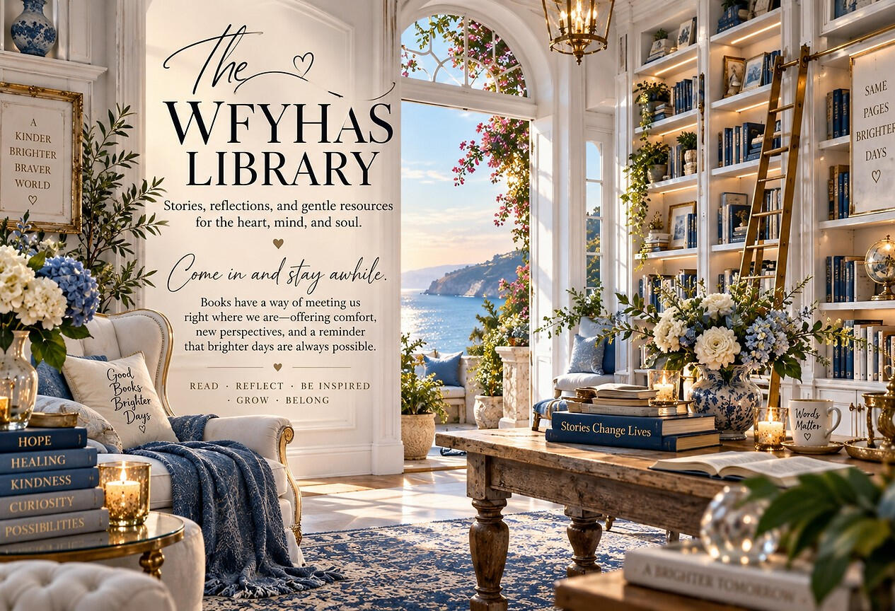 The WFYHAS Library: a sunlit reading room with books, flowers, and an open doorway overlooking the sea.