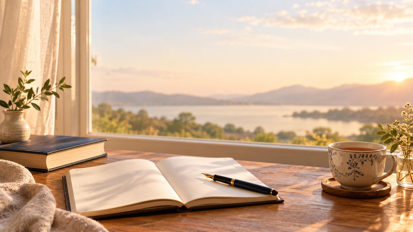 An open book and a warm drink beside a sunlit window overlooking peaceful water and distant hills.